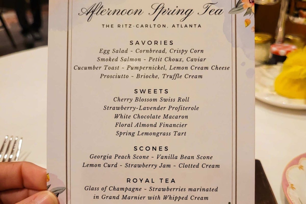 Afternoon Spring Tea menu listing savories, sweets, and scones at Ritz Carlton Atlanta.