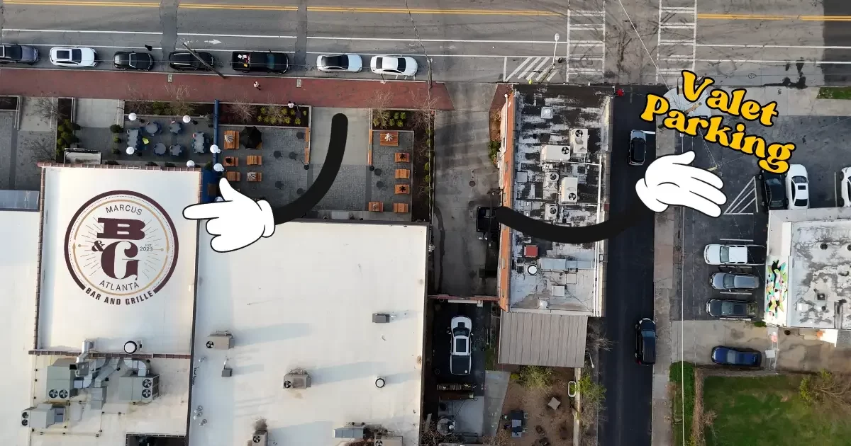 Bird's eye view of Marcus Bar & Grille's layout, showcasing the restaurant's location, parking, and street access in Atlanta