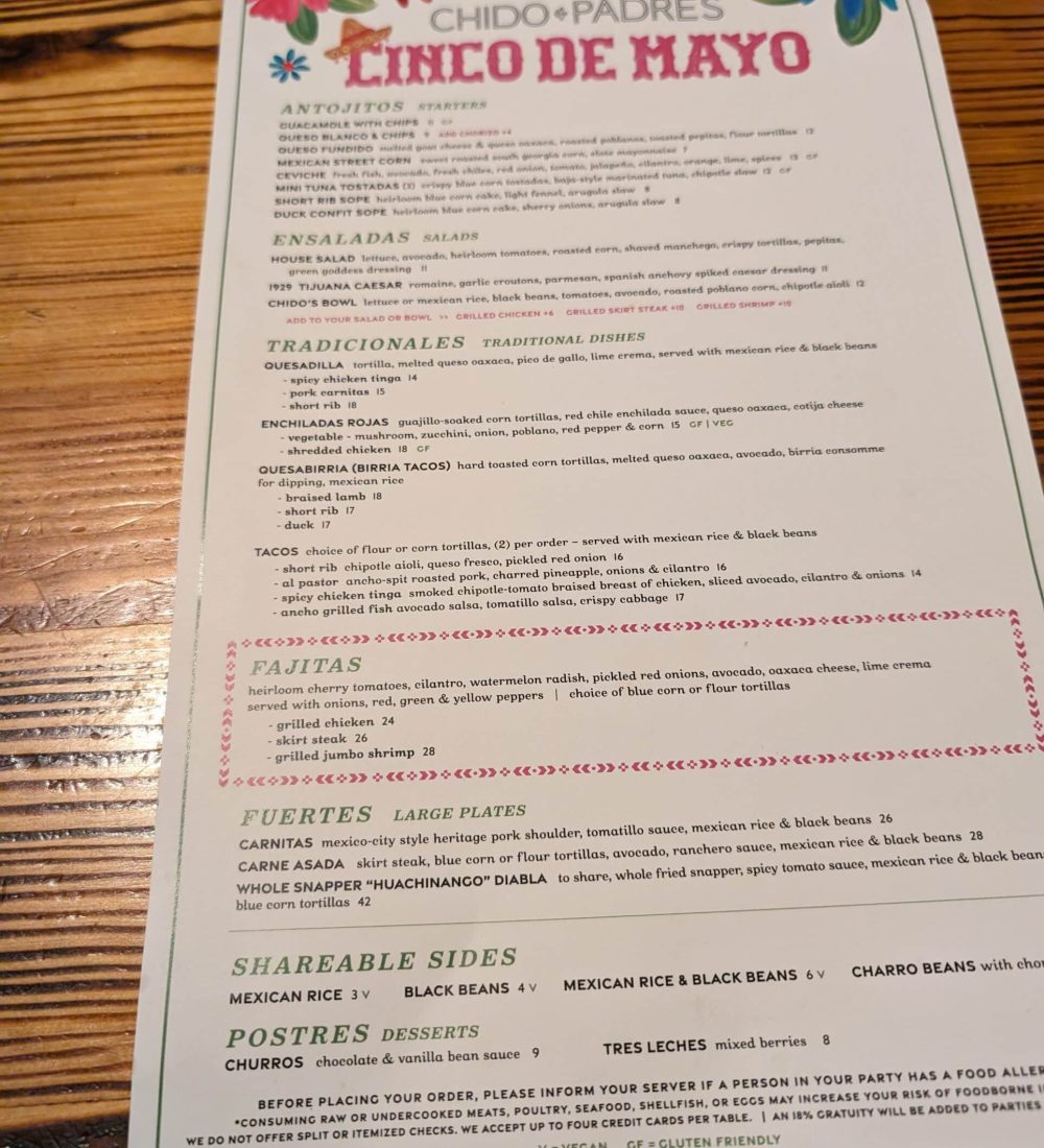 Cinco de Mayo menu at Chido and Padre's featuring traditional Mexican dishes.